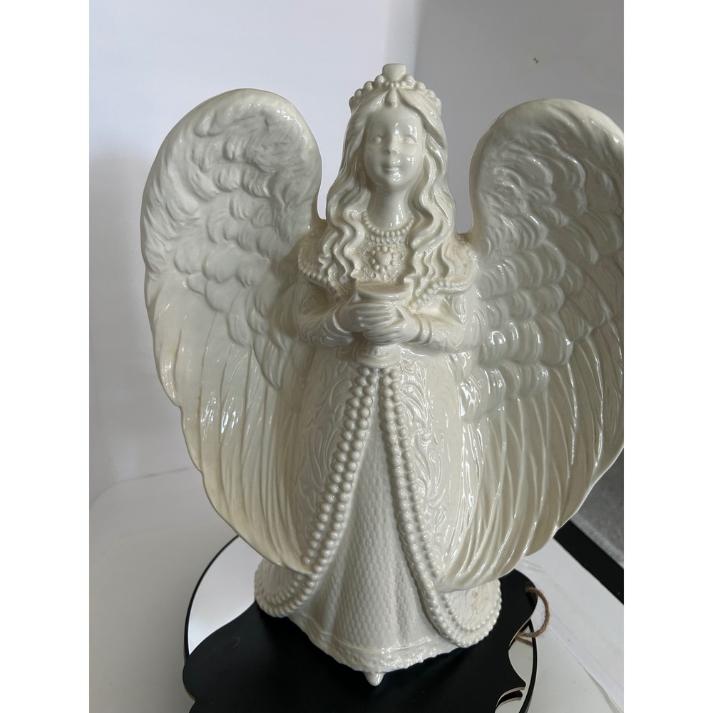 Figurine Christmas Cream Ceramic Angel Holding Chalice Large Wings Collectible